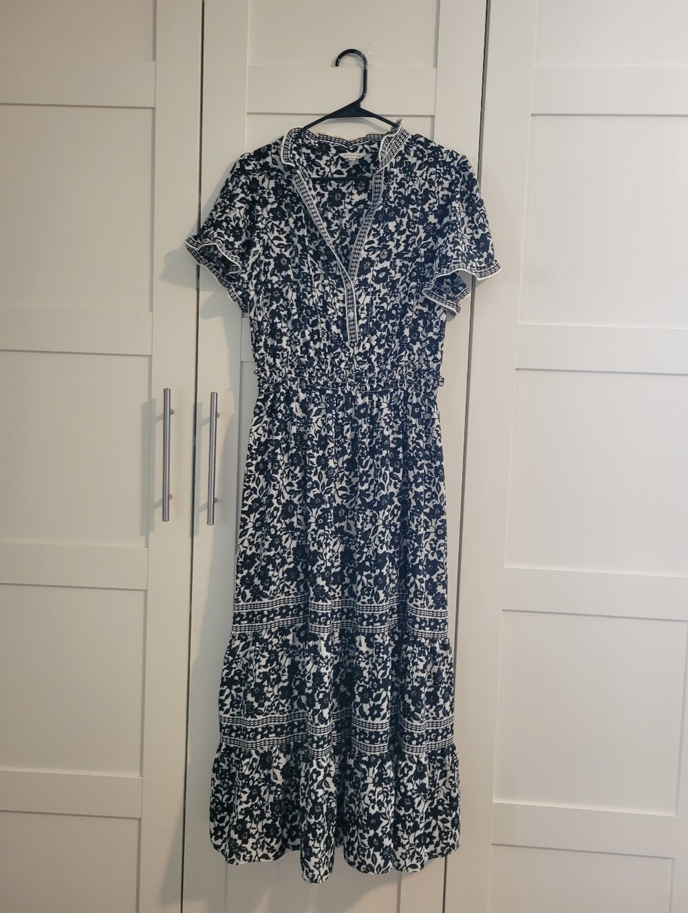 Max Studio Smocked Flutter Sleeve Black and White Floral Maxi Dress